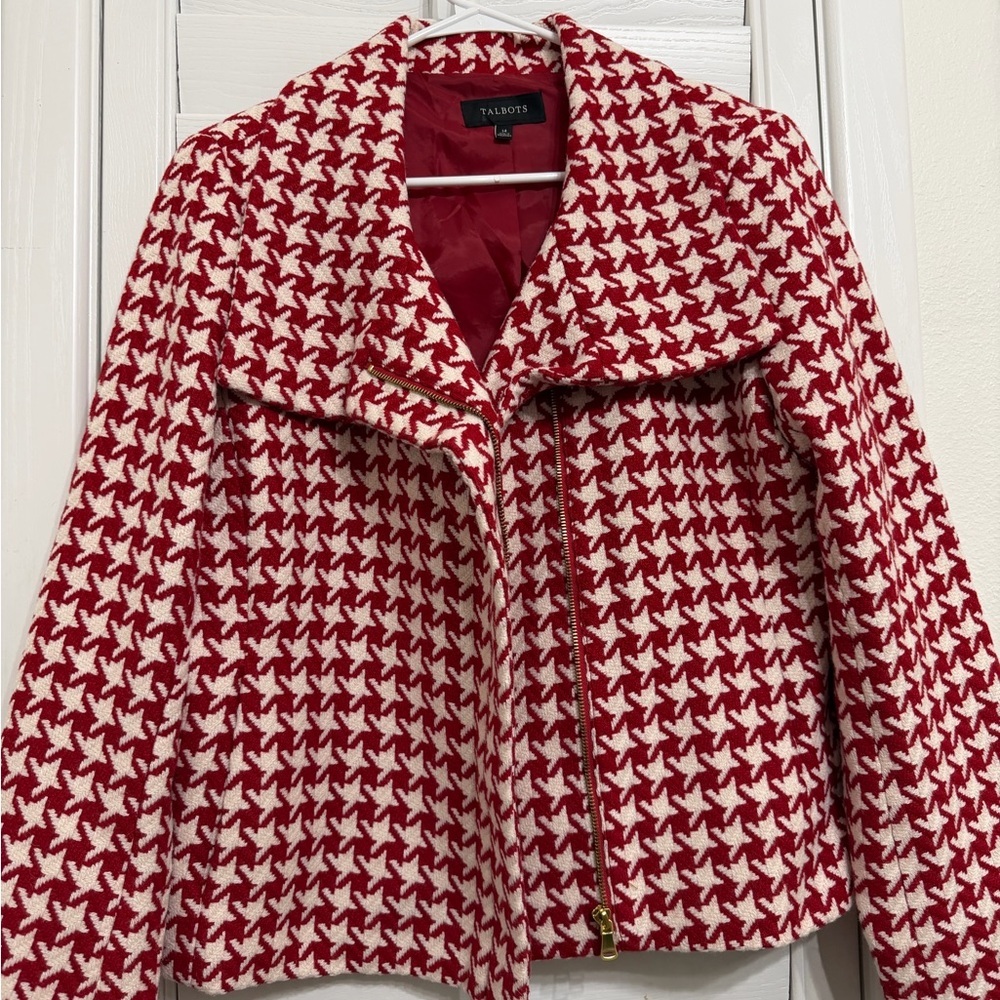 Talbots Red & White Houndstooth Wool blend Moto Jacket✨Sz.14